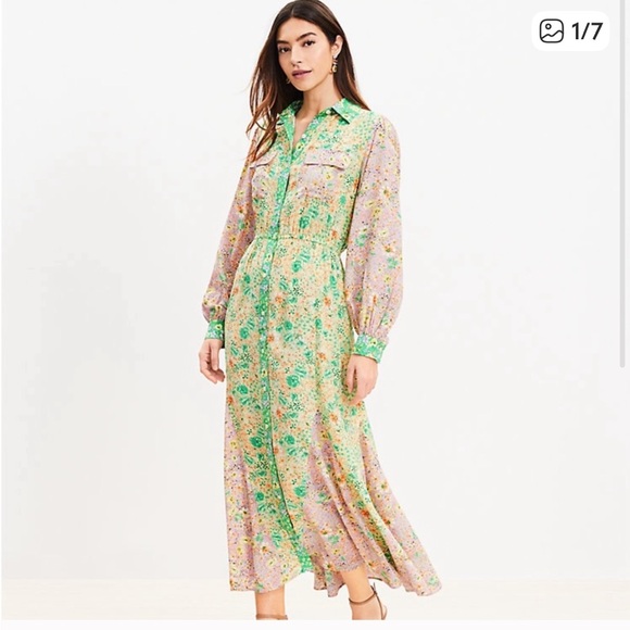 NWOT Stunning Loft Godet Pastel Floral Maxi Shirt Dress Cottagecore Romantic Sm. - Picture 10 of 12